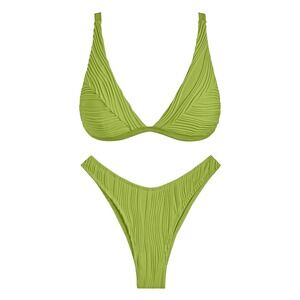 NWT ZAFUL Lime Green Wavy Ribbed Triangle Bikini Set High Cut Swimsuit Medium